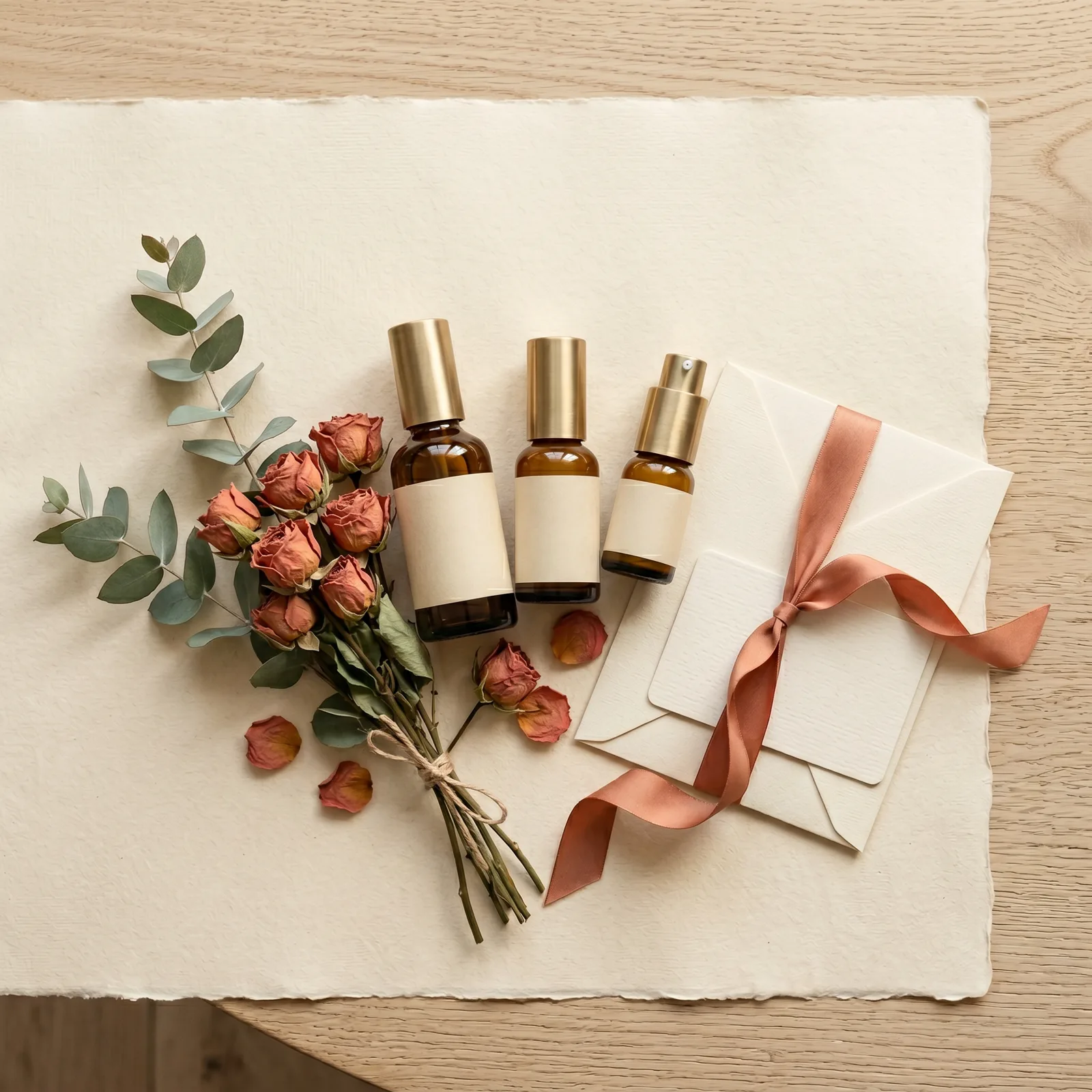 Olla Beauty gift set with dried roses, eucalyptus and amber serum bottles tied with a terracotta ribbon