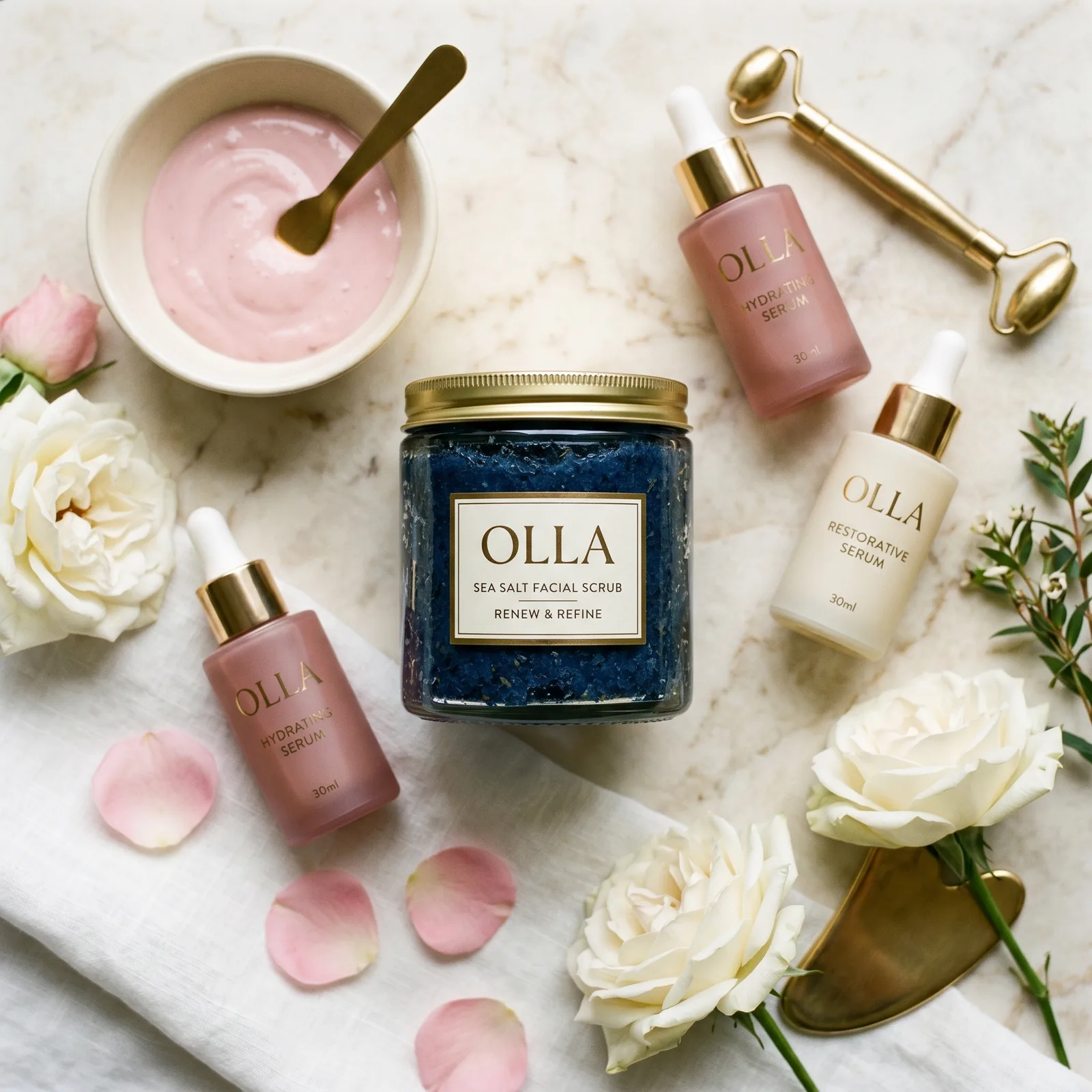 OLLA signature skincare line — sea salt scrub and serums