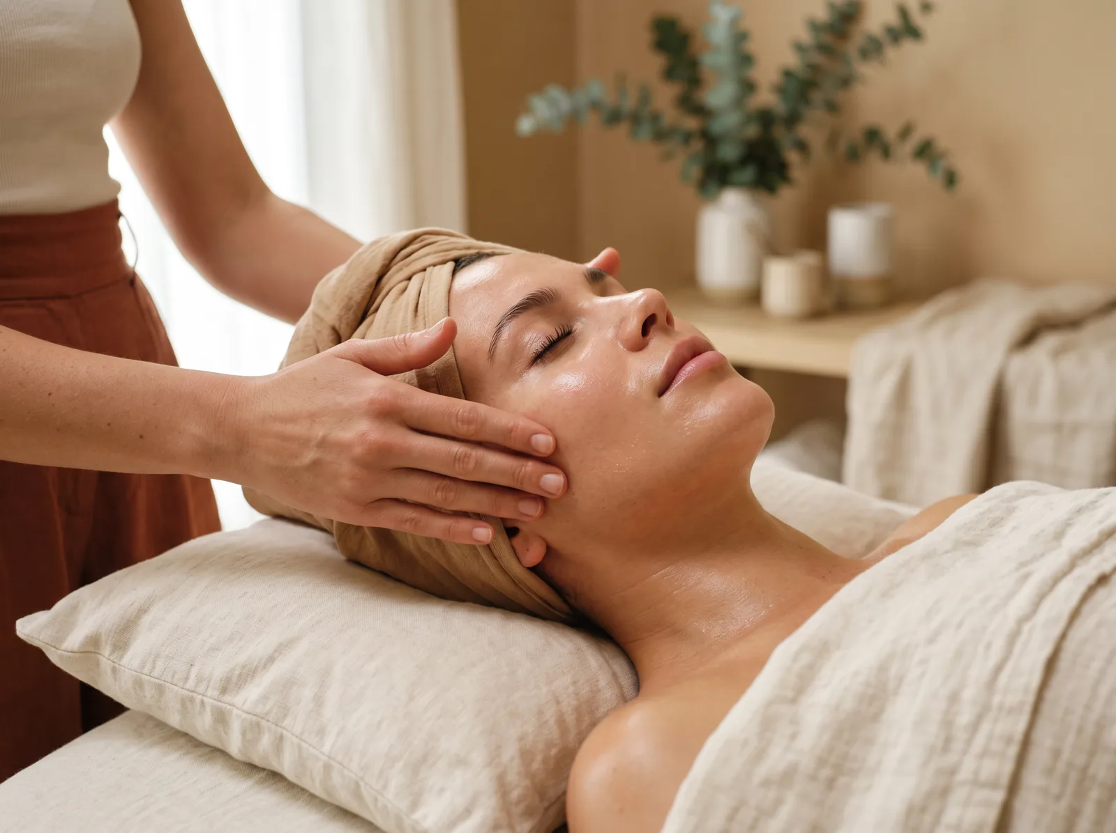 Custom signature facial in a warm West Hollywood studio with eucalyptus and linen
