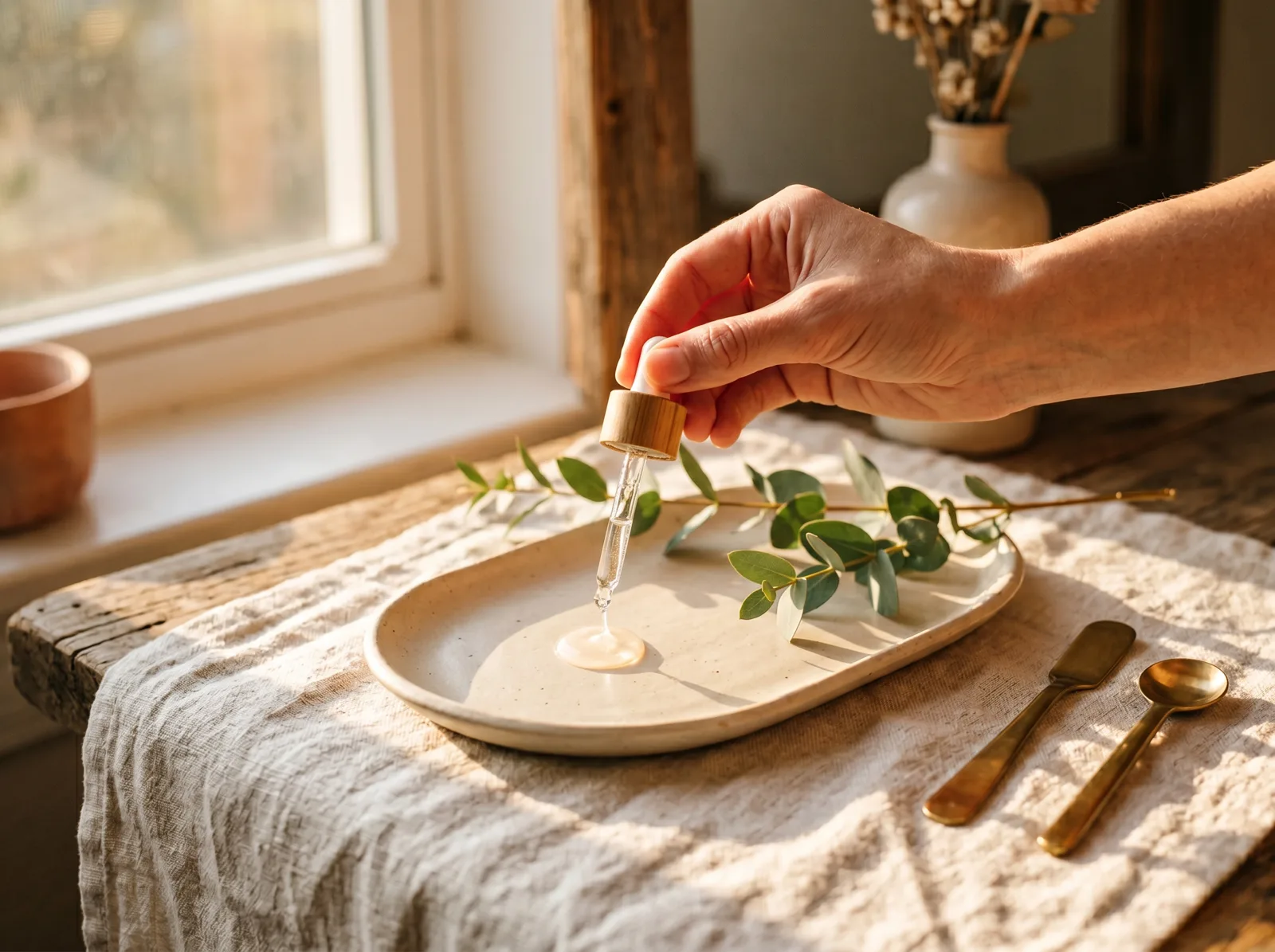 Serum dropper releasing a clear droplet onto a ceramic tray with eucalyptus, warm daylight from a side window